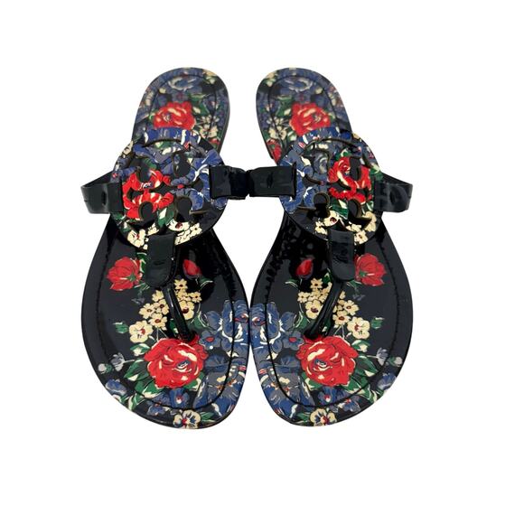 Tory Burch Miller Sandal Slippers Navy Tea Rose Patent Leather Logo 7.5M - Picture 1 of 12